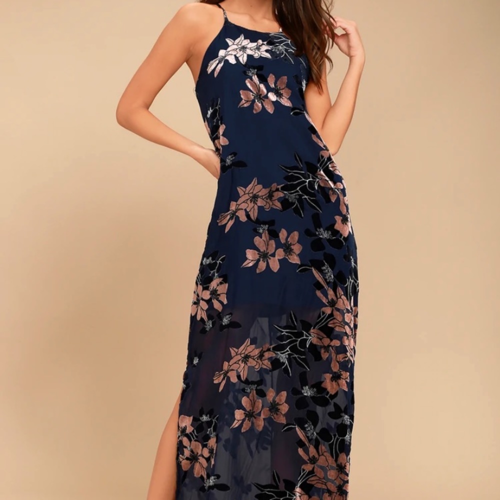 Lulu’s Moonflower Navy Blue Velvet Floral Print Maxi Dress